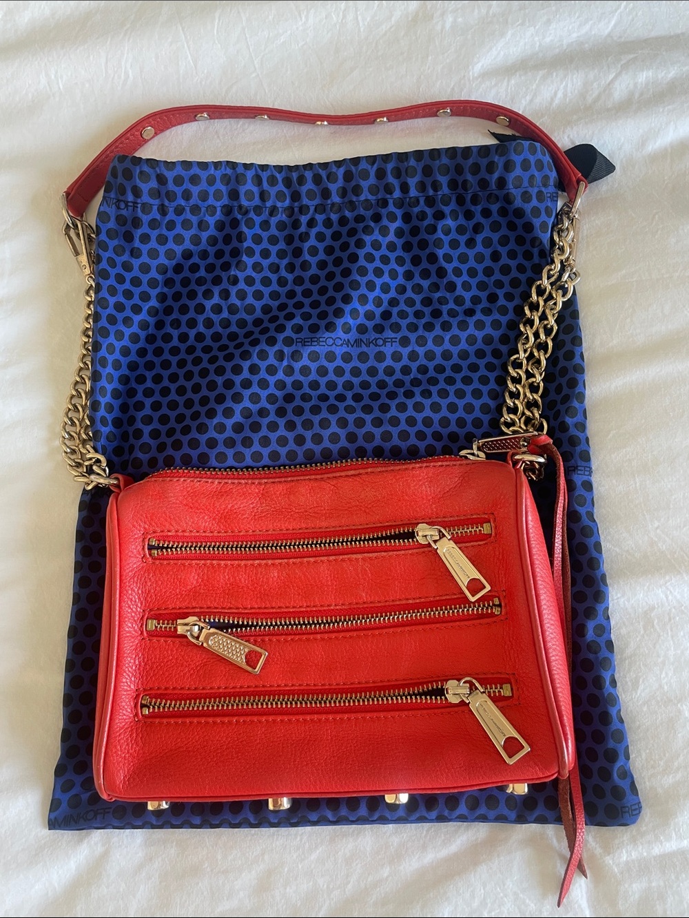 Rebecca Minkoff Orange Leather Triple-Zip Crossbody with Gold Chain